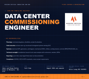 The image shows the job description of the vacancy as data center commissioning engineer in Mission Critical Consulting Sdn Bhd